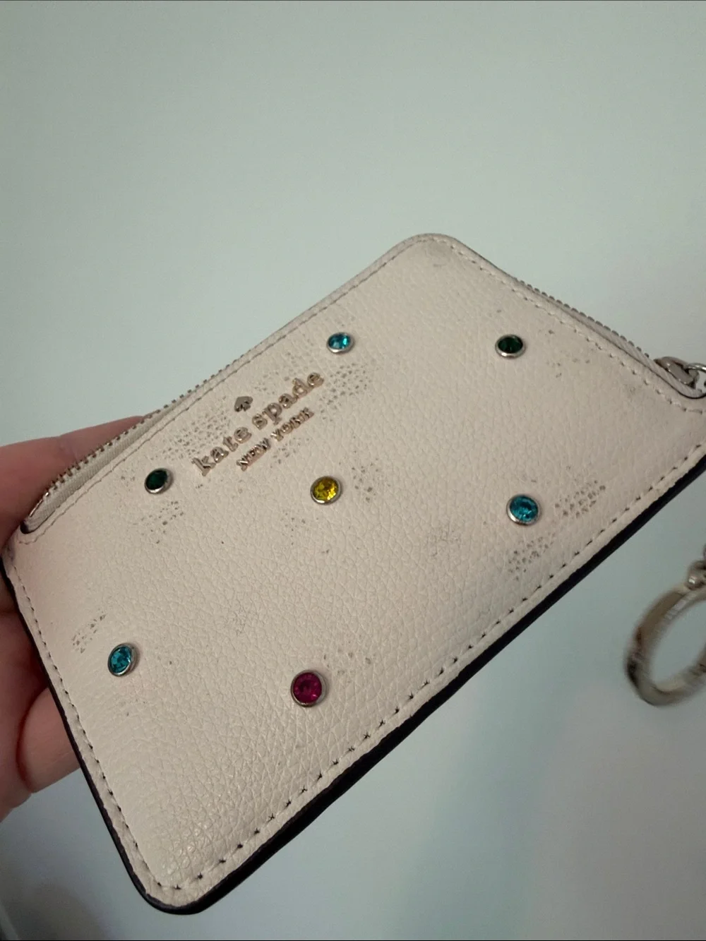 kate spade cream zip card holder with jeweled studs and key ring